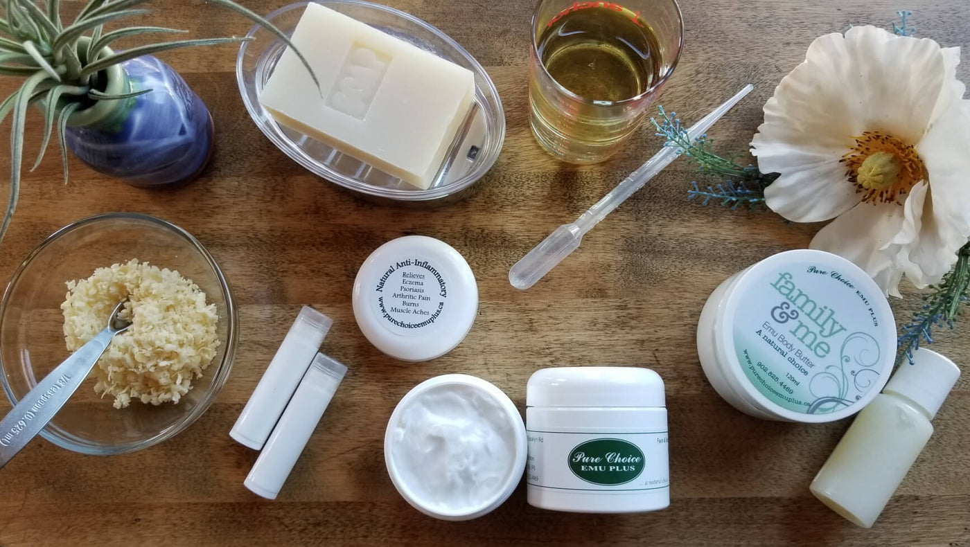 Flat lay image of products and ingredients - Pure Choice Emu Plus